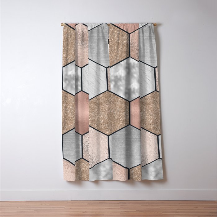Marble hexagons and rose gold on black Window Curtain Gallery Image 3