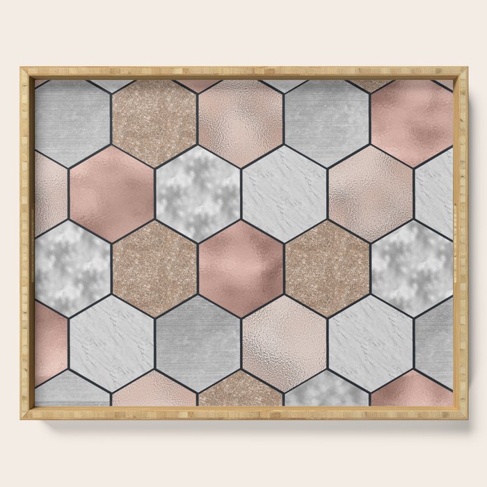 Marble hexagons and rose gold on black Serving Tray Gallery Image 1