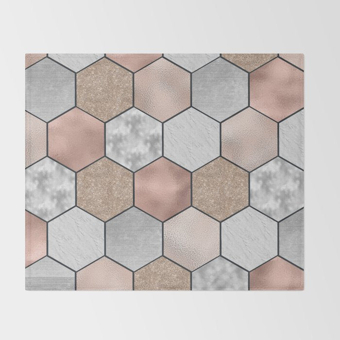 Marble hexagons and rose gold on black Throw Blanket Gallery Image 2