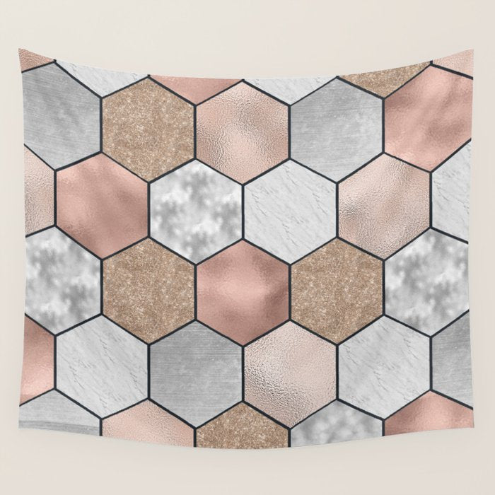 Marble hexagons and rose gold on black Wall Tapestry Gallery Image 4