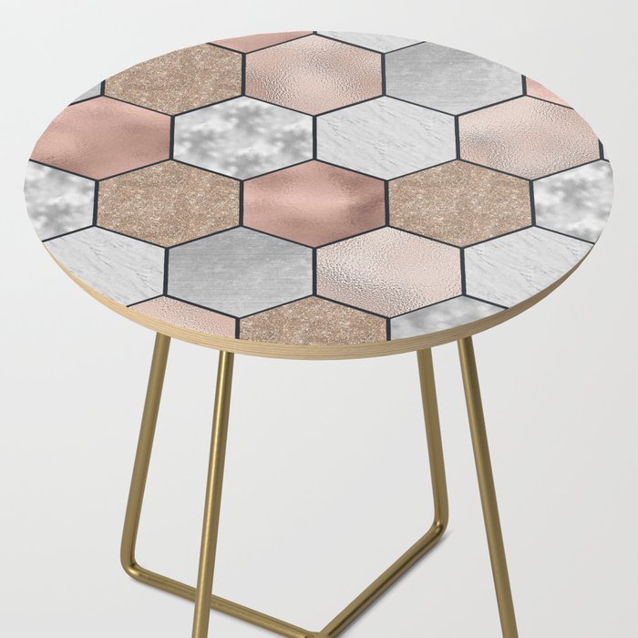 Marble hexagons and rose gold on black Side Table Gallery Image 2