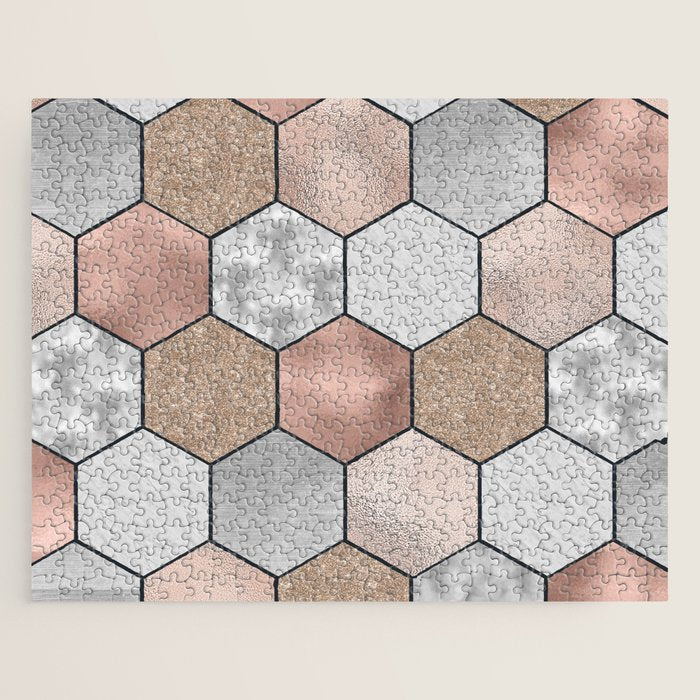 Marble hexagons and rose gold on black Jigsaw Puzzle Gallery Image 1