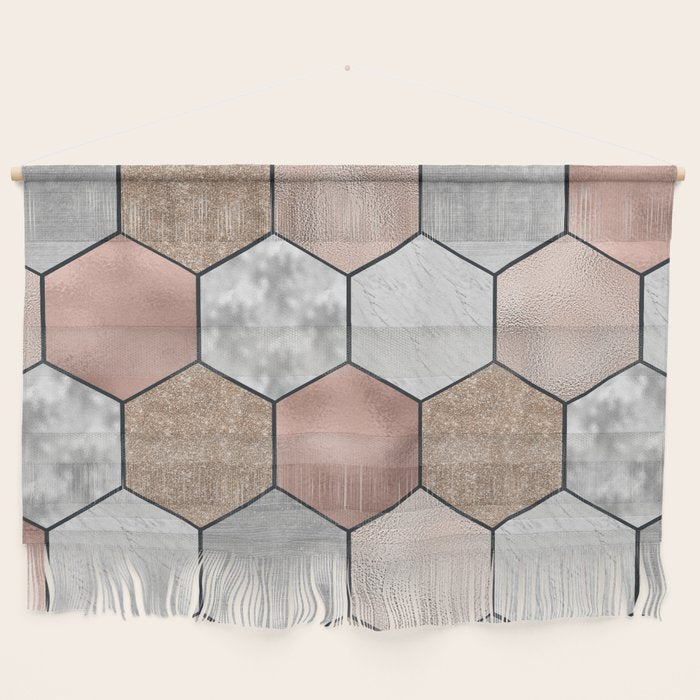 Marble hexagons and rose gold on black Wall Hanging Gallery Image 1