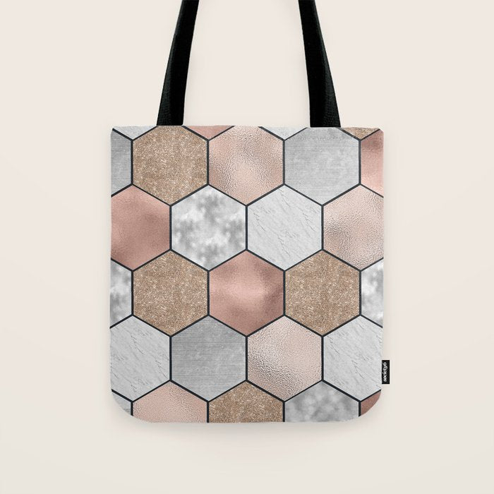 Marble hexagons and rose gold on black Tote Bag Gallery Image 1
