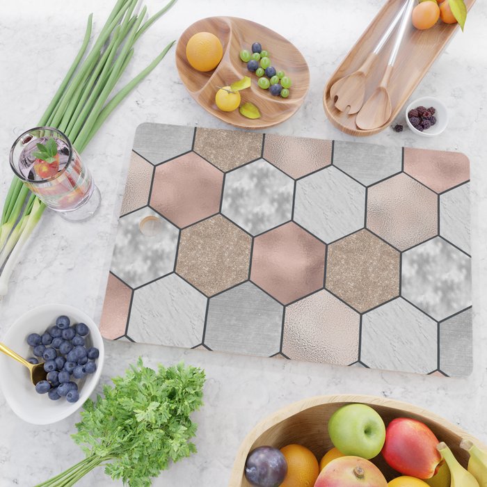 Marble hexagons and rose gold on black Cutting Board Gallery Image 2
