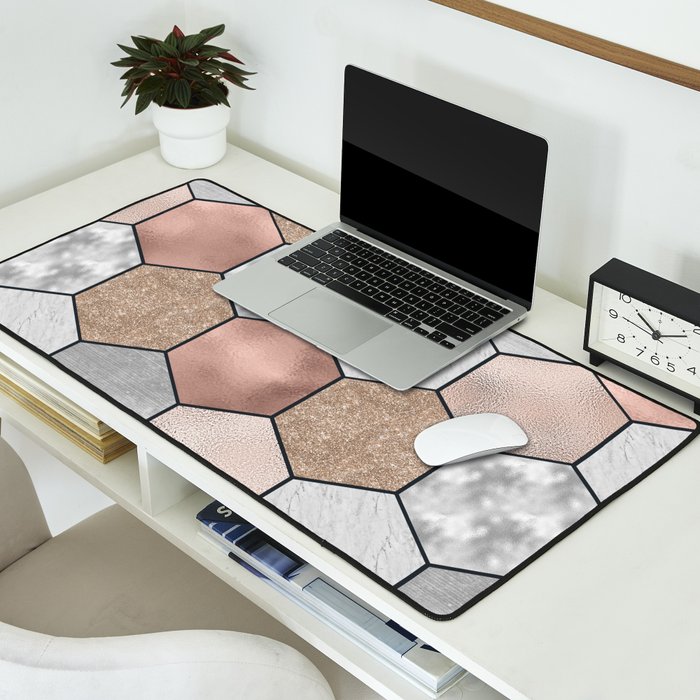 Marble hexagons and rose gold on black Desk Mat Gallery Image 2
