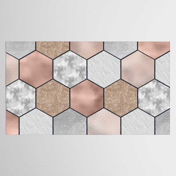 Marble hexagons and rose gold on black Tablecloth Gallery Image 2