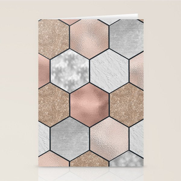 Marble hexagons and rose gold on black Stationery Card Gallery Image 1
