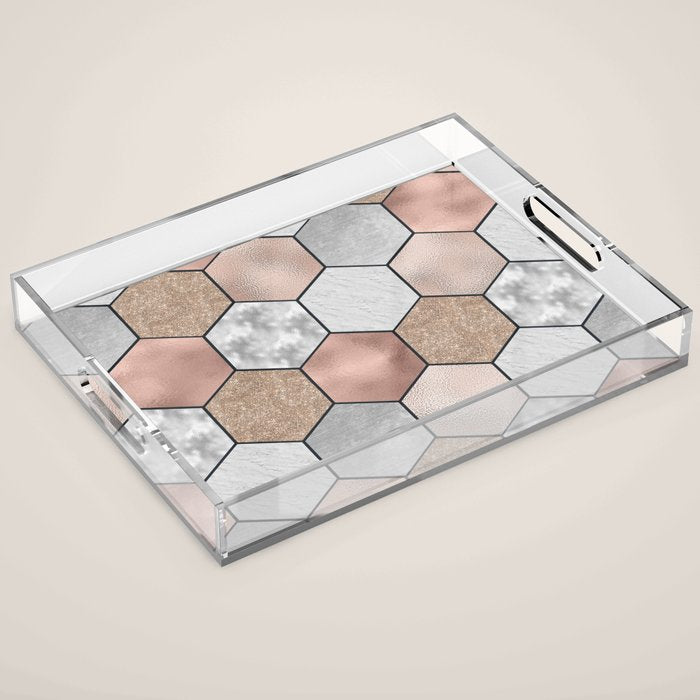 Marble hexagons and rose gold on black Acrylic Tray Gallery Image 1