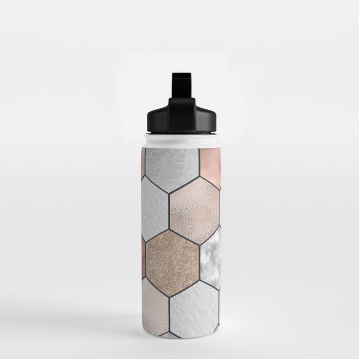 Marble hexagons and rose gold on black Water Bottle Gallery Image 2