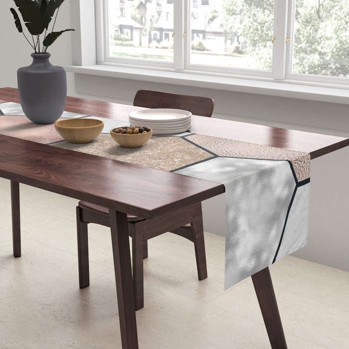 Marble hexagons and rose gold on black Table Runner Gallery Image 2