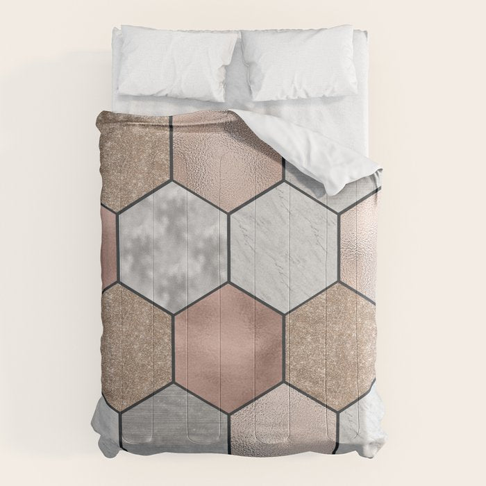 Marble hexagons and rose gold on black Comforter Gallery Image 1