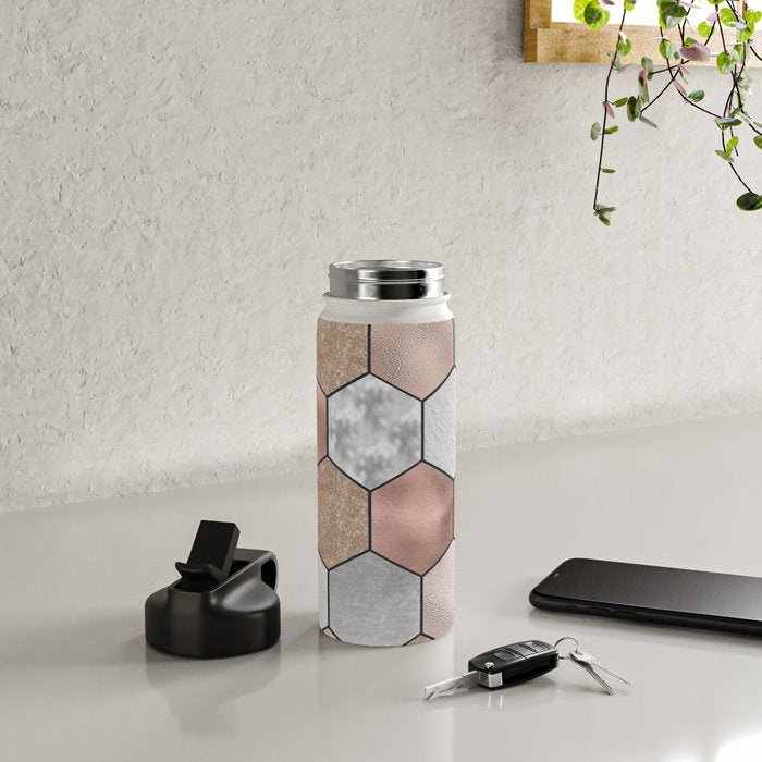 Marble hexagons and rose gold on black Water Bottle Gallery Image 4