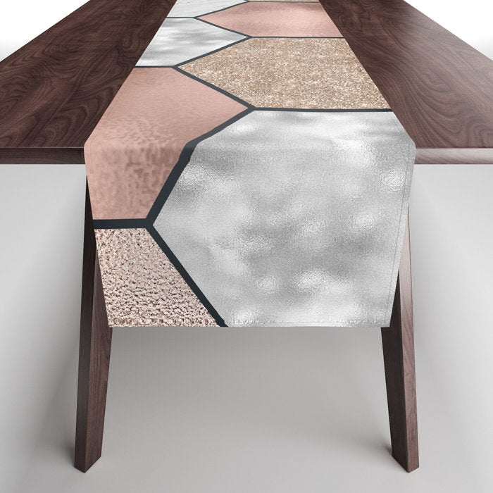 Marble hexagons and rose gold on black Table Runner Gallery Image 1