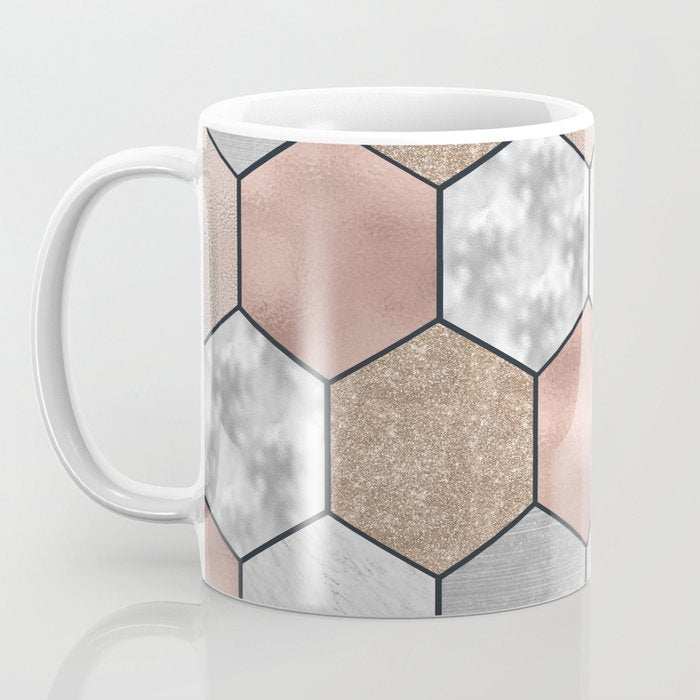 Marble hexagons and rose gold on black Coffee Mug Gallery Image 3