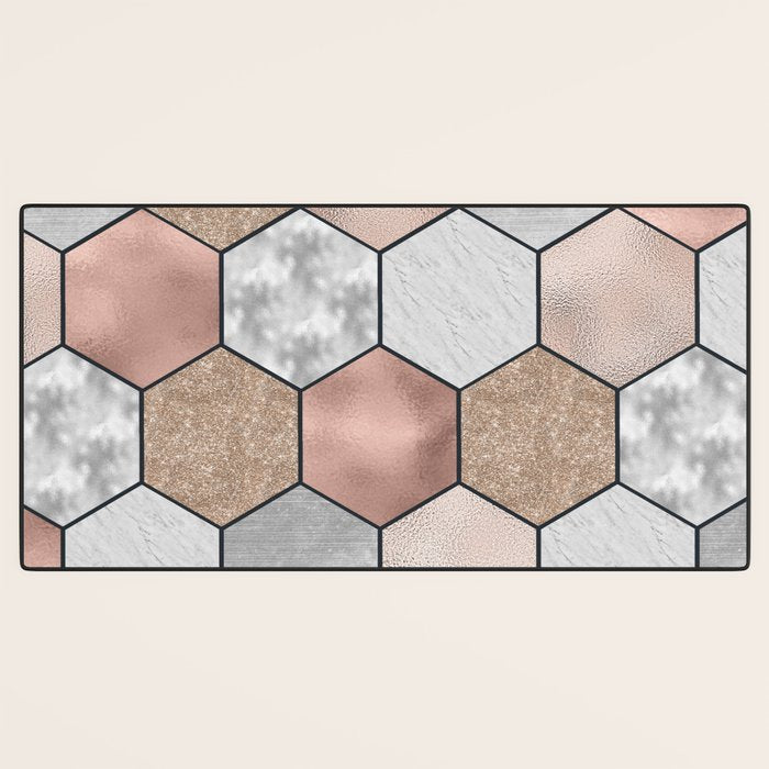 Marble hexagons and rose gold on black Desk Mat Gallery Image 3