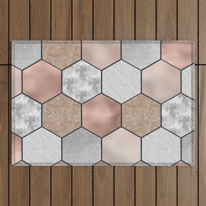 Marble hexagons and rose gold on black Outdoor Rug Gallery Image 1