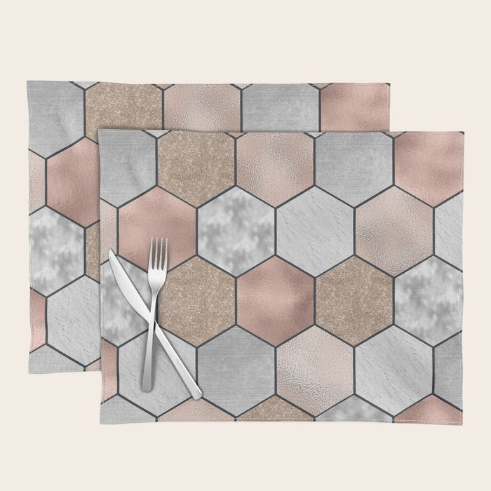 Marble hexagons and rose gold on black Placemat Gallery Image 1