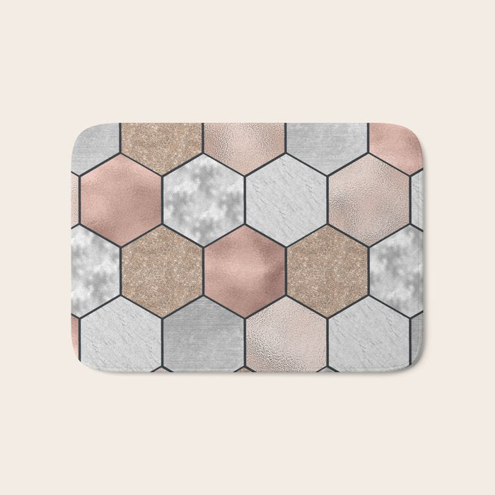 Marble hexagons and rose gold on black Bath Mat Gallery Image 1