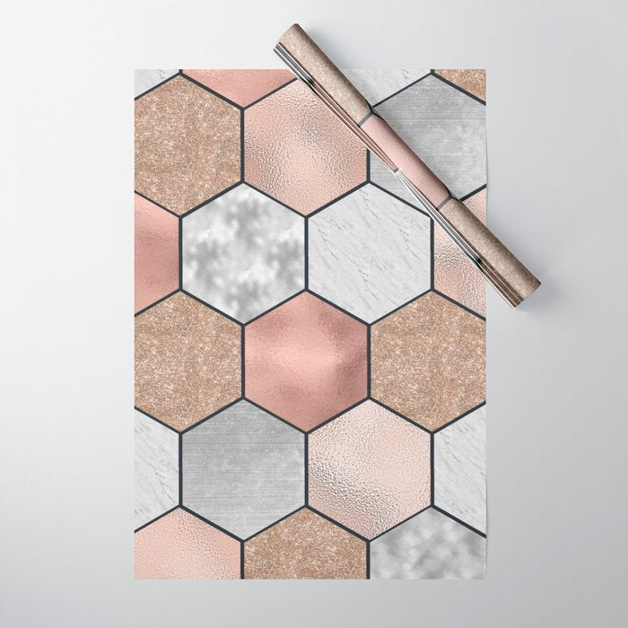 Marble hexagons and rose gold on black Wrapping Paper Gallery Image 1