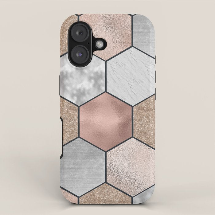 Marble hexagons and rose gold on black iPhone Case Gallery Image 1