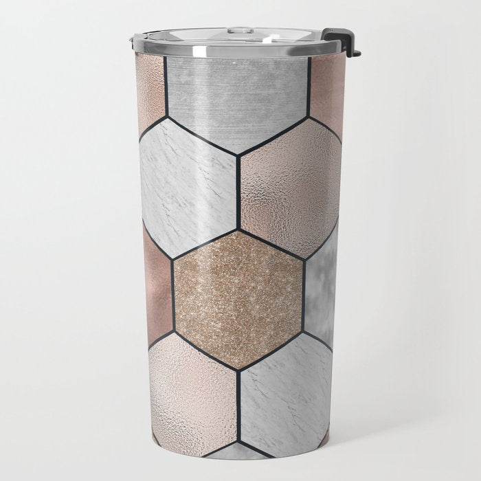 Marble hexagons and rose gold on black Travel Mug Gallery Image 2