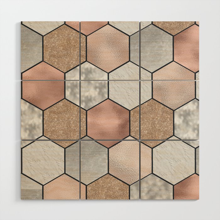 Marble hexagons and rose gold on black Wood Wall Art Gallery Image 1