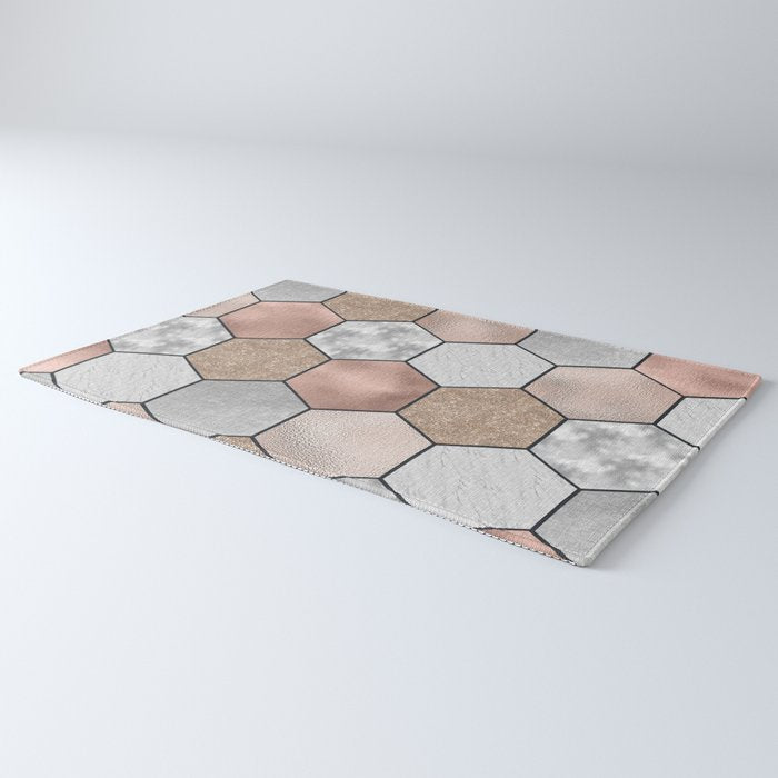 Marble hexagons and rose gold on black Rug Gallery Image 3