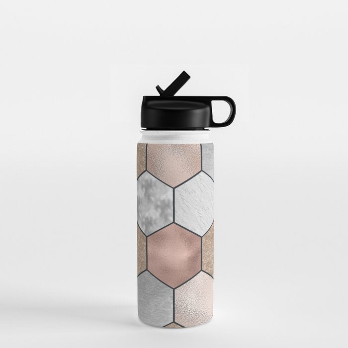 Marble hexagons and rose gold on black Water Bottle Gallery Image 1
