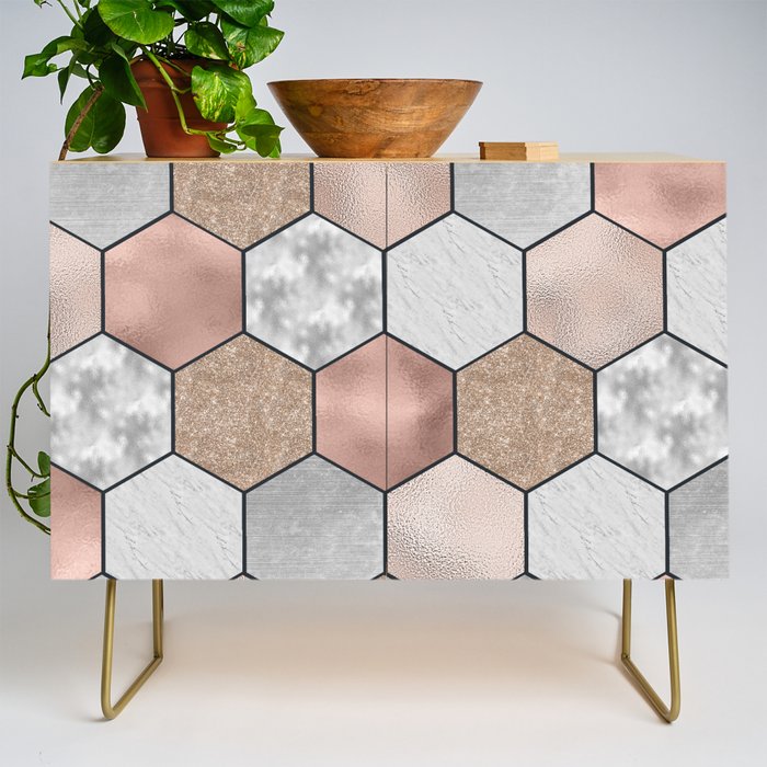 Marble hexagons and rose gold on black Credenza Gallery Image 1