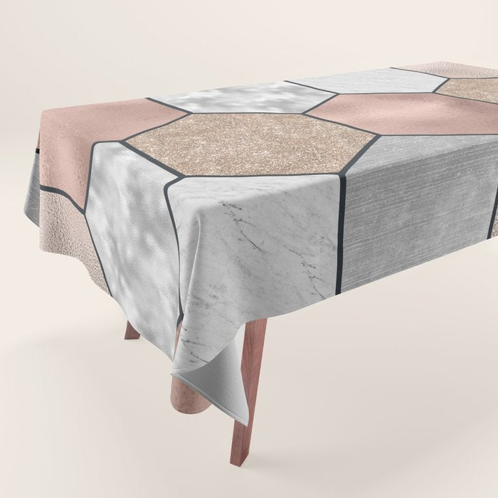 Marble hexagons and rose gold on black Tablecloth Gallery Image 1