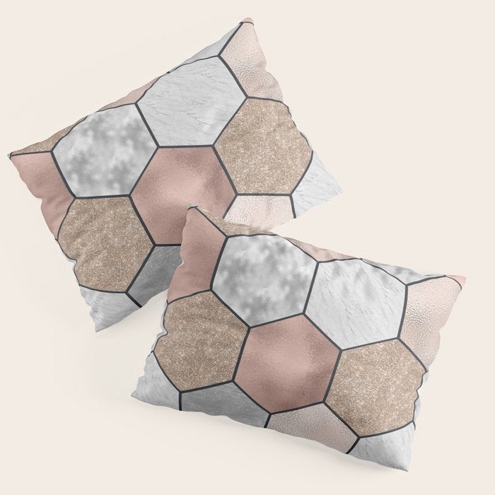 Marble hexagons and rose gold on black Pillow Sham Gallery Image 1