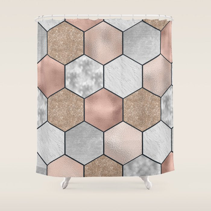 Marble hexagons and rose gold on black Shower Curtain Gallery Image 1