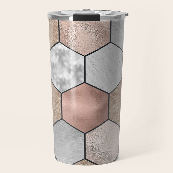 Marble hexagons and rose gold on black Travel Mug Gallery Image 1