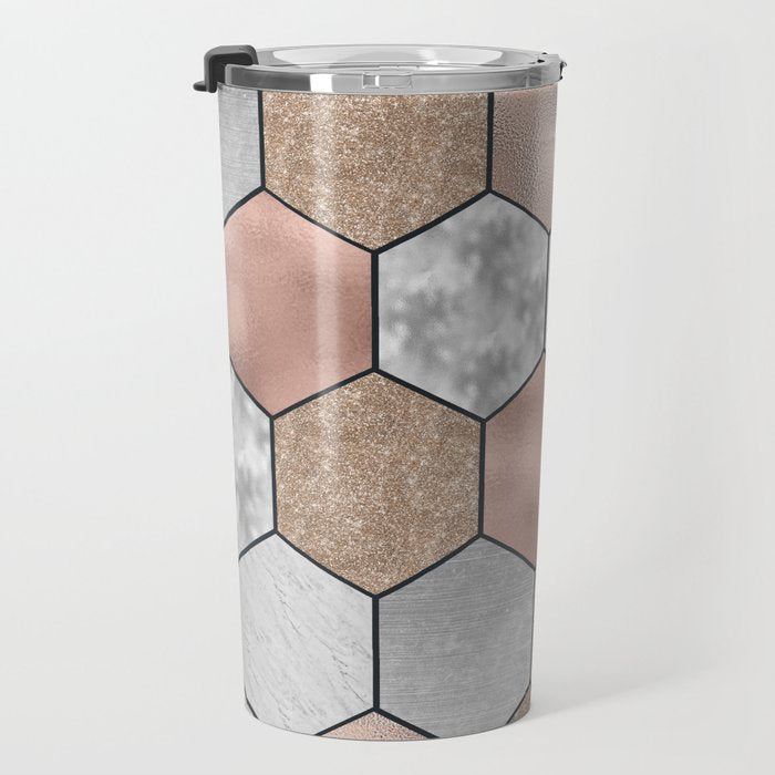 Marble hexagons and rose gold on black Travel Mug Gallery Image 3