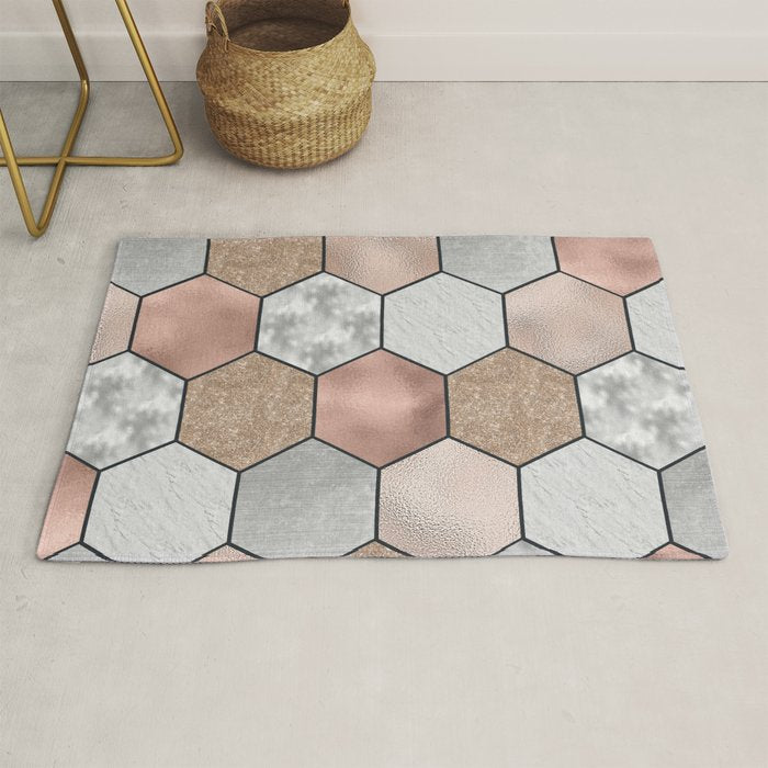 Marble hexagons and rose gold on black Rug Gallery Image 1
