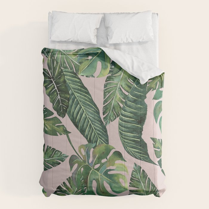 Jungle Leaves, Banana, Monstera Pink #society6 Comforter Gallery Image 1