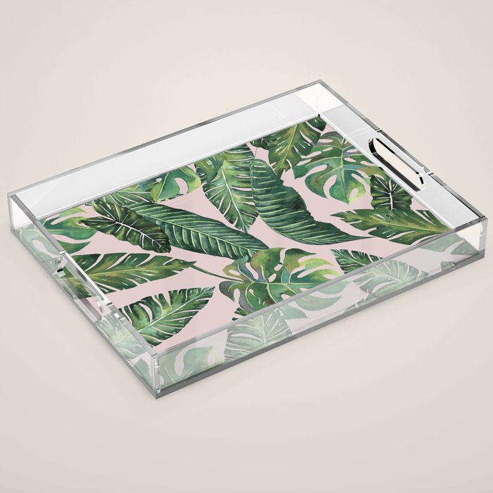 Jungle Leaves, Banana, Monstera Pink #society6 Acrylic Tray Gallery Image 1