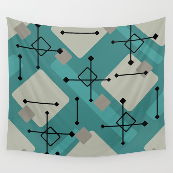 Retro 1950s Art Pattern Diamonds Teal Gold Wall Tapestry Gallery Image 4
