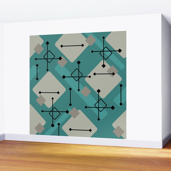 Retro 1950s Art Pattern Diamonds Teal Gold Wall Mural Gallery Image 2