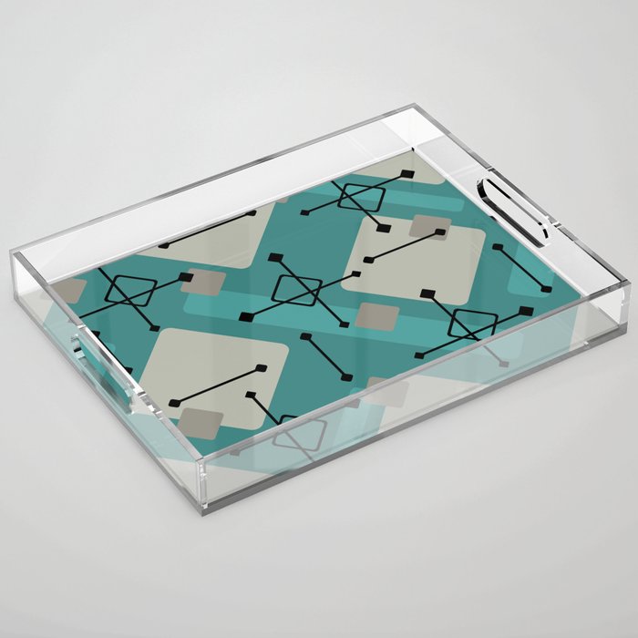 Retro 1950s Art Pattern Diamonds Teal Gold Acrylic Tray Gallery Image 1