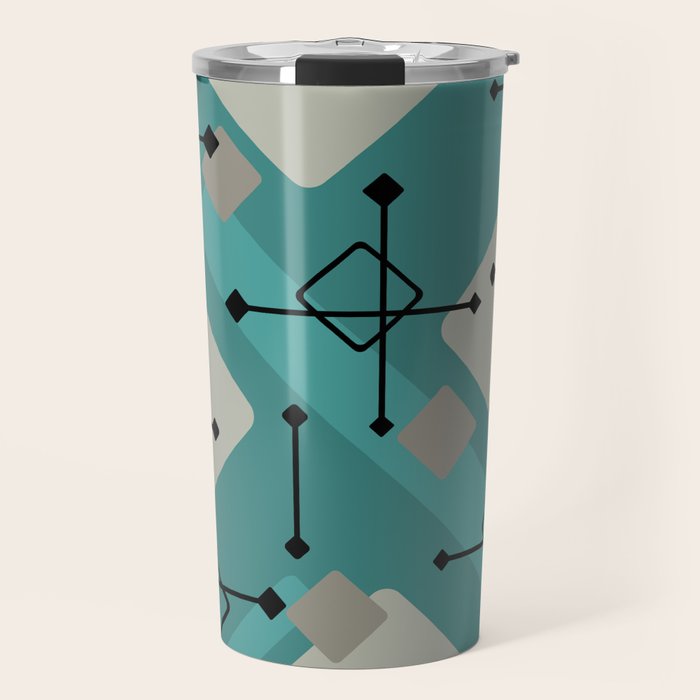 Retro 1950s Art Pattern Diamonds Teal Gold Travel Mug Gallery Image 1