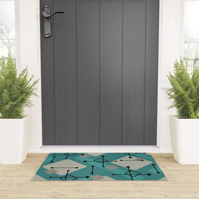 Retro 1950s Art Pattern Diamonds Teal Gold Welcome Mat Gallery Image 3