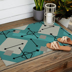 Retro 1950s Art Pattern Diamonds Teal Gold Outdoor Rug Gallery Image 2