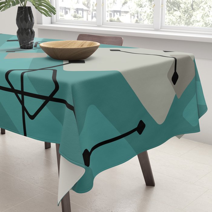 Retro 1950s Art Pattern Diamonds Teal Gold Tablecloth Gallery Image 3