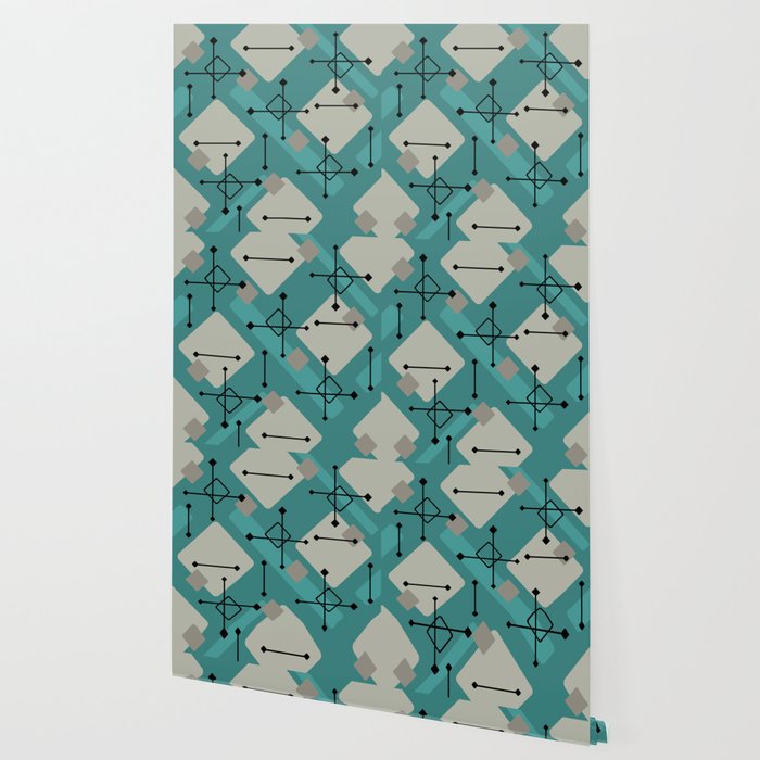 Retro 1950s Art Pattern Diamonds Teal Gold Wallpaper Gallery Image 2