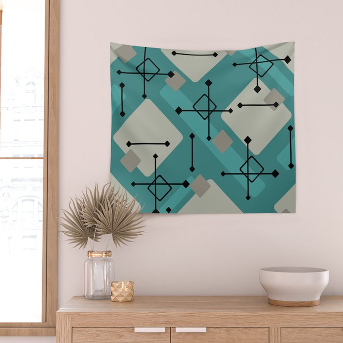 Retro 1950s Art Pattern Diamonds Teal Gold Wall Tapestry Gallery Image 2