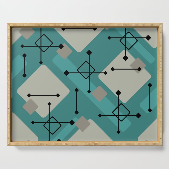 Retro 1950s Art Pattern Diamonds Teal Gold Serving Tray Gallery Image 1