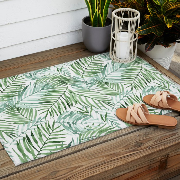 Watercolor palm leaves pattern Outdoor Rug Gallery Image 2