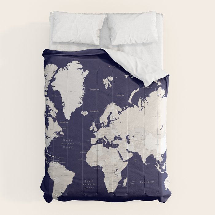Navy blue and cream world map, "Austin" Comforter Gallery Image 6